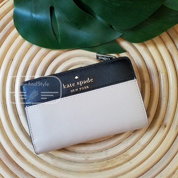 MEDIUM COMPACT BIFOLD WALLET KATE SPADE STACI COLORBLOCK WARM BEIGE BLACK BRAND - Picture 3 of 10